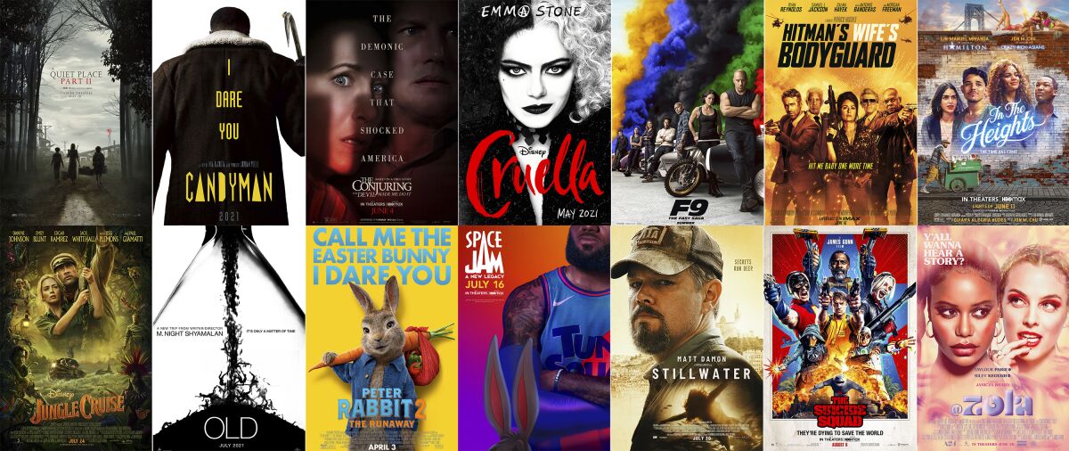 This combination photo shows poster art for upcoming summer films, top row from left, "A Quiet Place Part II," "Candyman," "The Conjuring: The Devil Made Me Do It," "Cruella," "F9," "The Hitman's Wife's Bodyguard," "In the Heights," bottom row from left, "Jungle Cruise," "Old," "Peter Rabbit 2: The Runaway," "Space Jam: A New Legacy," "Stillwater," "The Suicide Squad," and "Zola." (Top Row from left, Paramount Pictures/Universal Pictures/Warner Bros. Pictures/Disney/Universal Pictures/Lionsgate/Warner Bros., bottom row from left, Disney, Universal/Sony Pictures/Warner Bros./Focus Features/Warner Bros./A24 via AP)