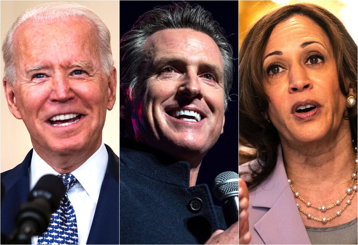 Photos of President Biden, Gov. Gavin Newsom and Vice President Kamala Harris