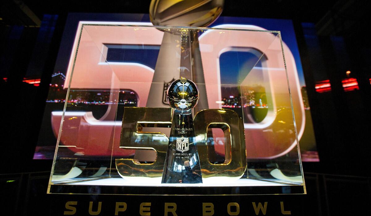 Detailed view of the Vince Lombardi Trophy during the NFL Experience exhibition before Super Bowl 50 at the Moscone Center on Wednesday in San Francisco.