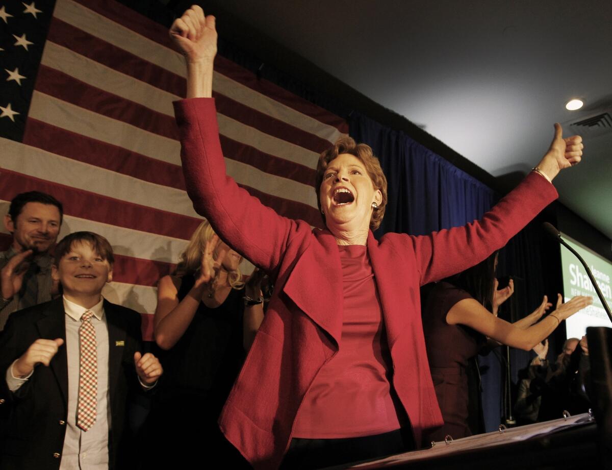 Sen. Jeanne Shaheen (D-N.H.) celebrates in Manchester, N.H., with supporters after winning the election for a second term in the Senate.