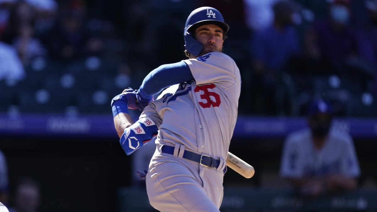 Los Angeles Dodgers center fielder Cody Bellinger (35) in the fifth inning of a baseball game Thursday, April 1, 2021.
