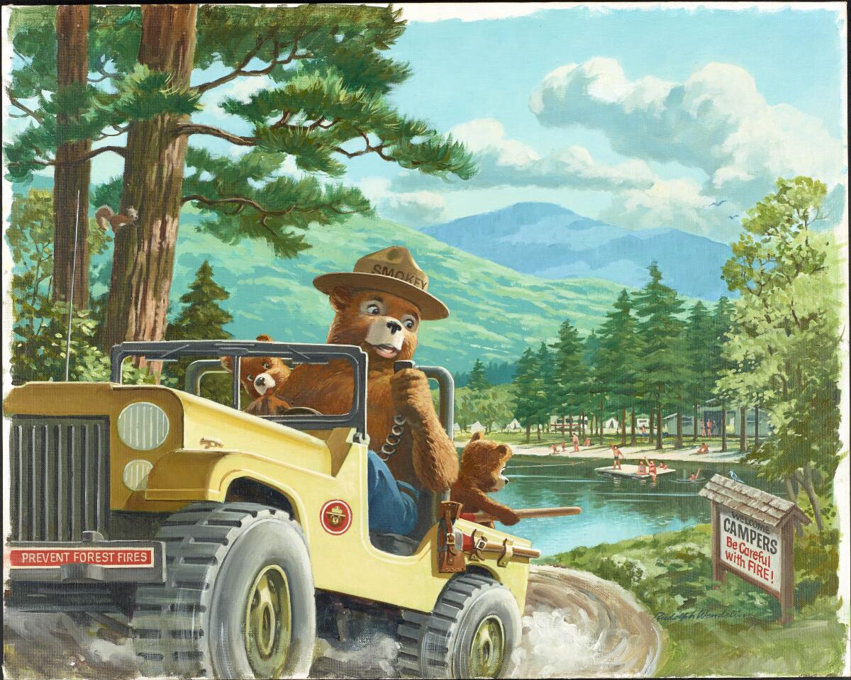 A painting of bear driving a jeep.