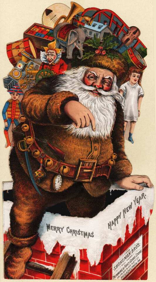 A large die cut lithographic Santa Claus comes from a Philadelphia lithographer in the mid-1880s. The die cut advertises a store with trimmings and fancy goods.