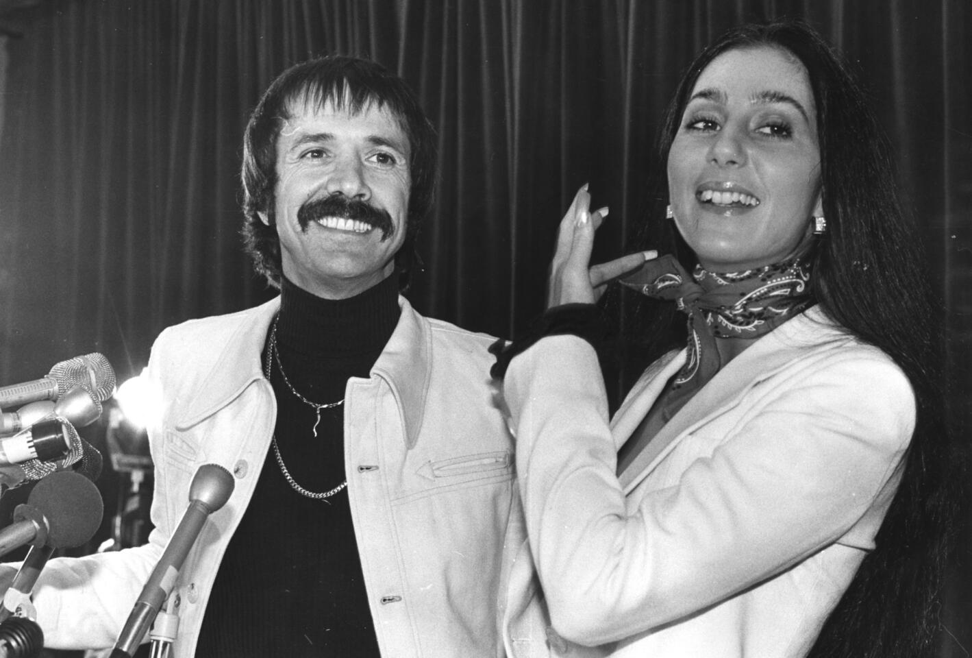 Sonny Bono and Cher were a pop duo who eventually turned into husband and wife after the birth of Chastity (now Chaz) Bono. The pair rose to fame with their songs "I Got You Babe" and "Baby Don't Go." They released three studio albums together and sold more than 40 million albums worldwide.