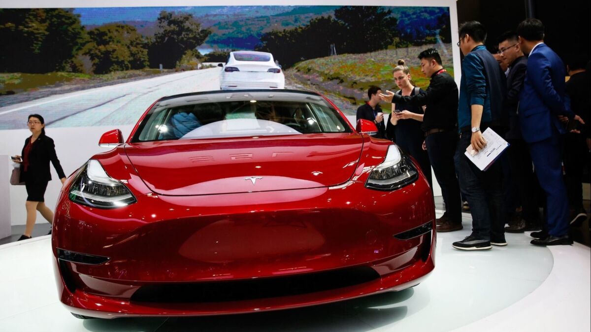 A Tesla Model 3 at the Beijing auto show in April.