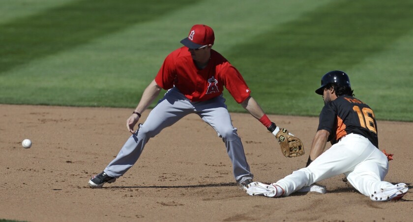 Andrew Romine doesn't get the throw in time as San Francisco's Angel Pagan steals second during the Angels' 4-1 loss Saturday in spring training play.