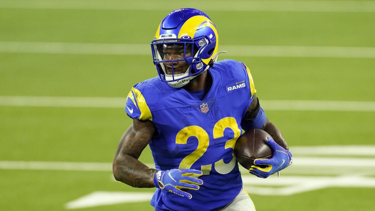 Rams running back Cam Akers runs against the New England Patriots.