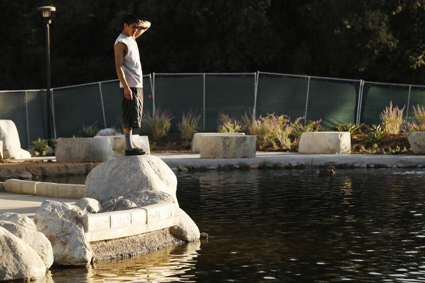THOUSAND OAKS, CA - NOVEMBER 5, 2019 Juan Sarai of Oxnard looks over as finishing touches are placed on the Healing Garden being constructed at Conejo Creek North Park in Thousand Oaks to remember the 12 lives taken and the 248 that survived the Borderline Bar and Grill mass shooting. The Healing Garden was conceived to assist healing and to provide a place for contemplation, meditation, and prayer and will be dedicated at the one year anniversary of the shooting on Nov 7, 2018. The Borderline twelve are represented by a fountain feature with twelve vertical water jets and by twelve granite stone slab benches located along the plaza. (Al Seib / Los Angeles Times)
