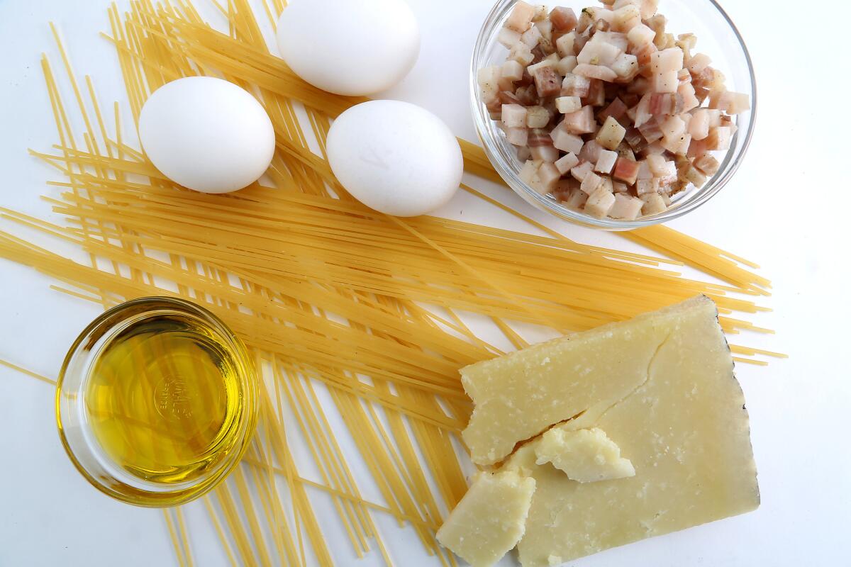 Ingredients for a pasta carbonara recipe.