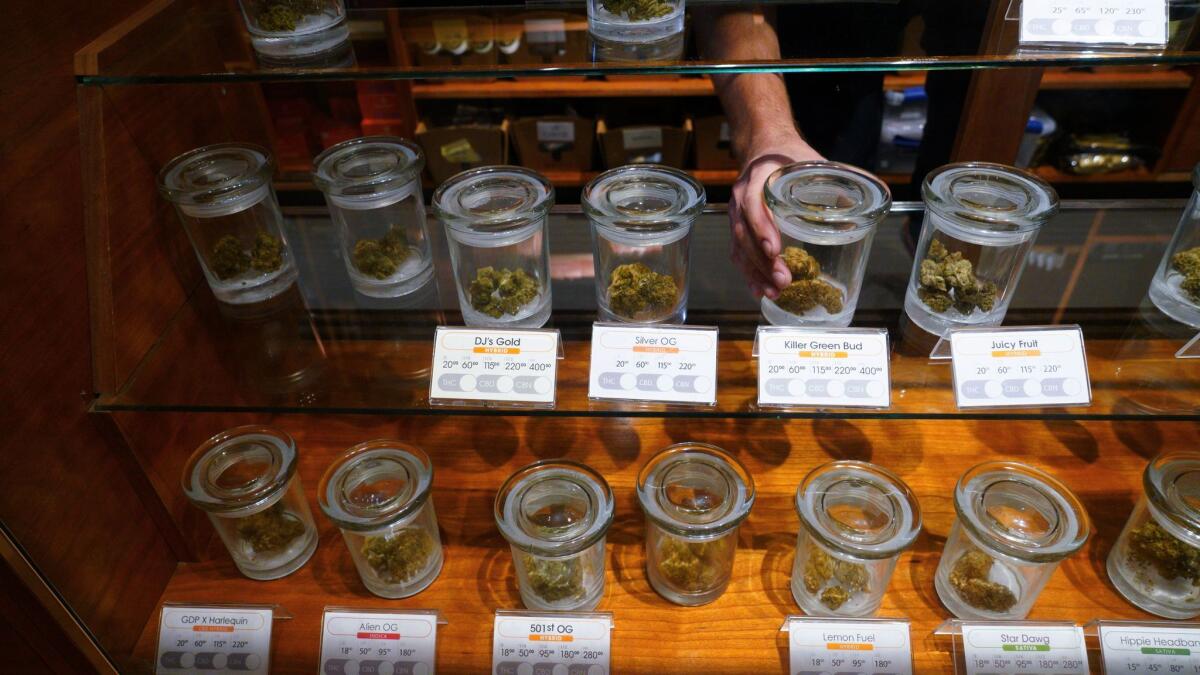 One budtender at Torrey Holistics reached into the display case for a jar containing a bud for a customer to sample the aroma.