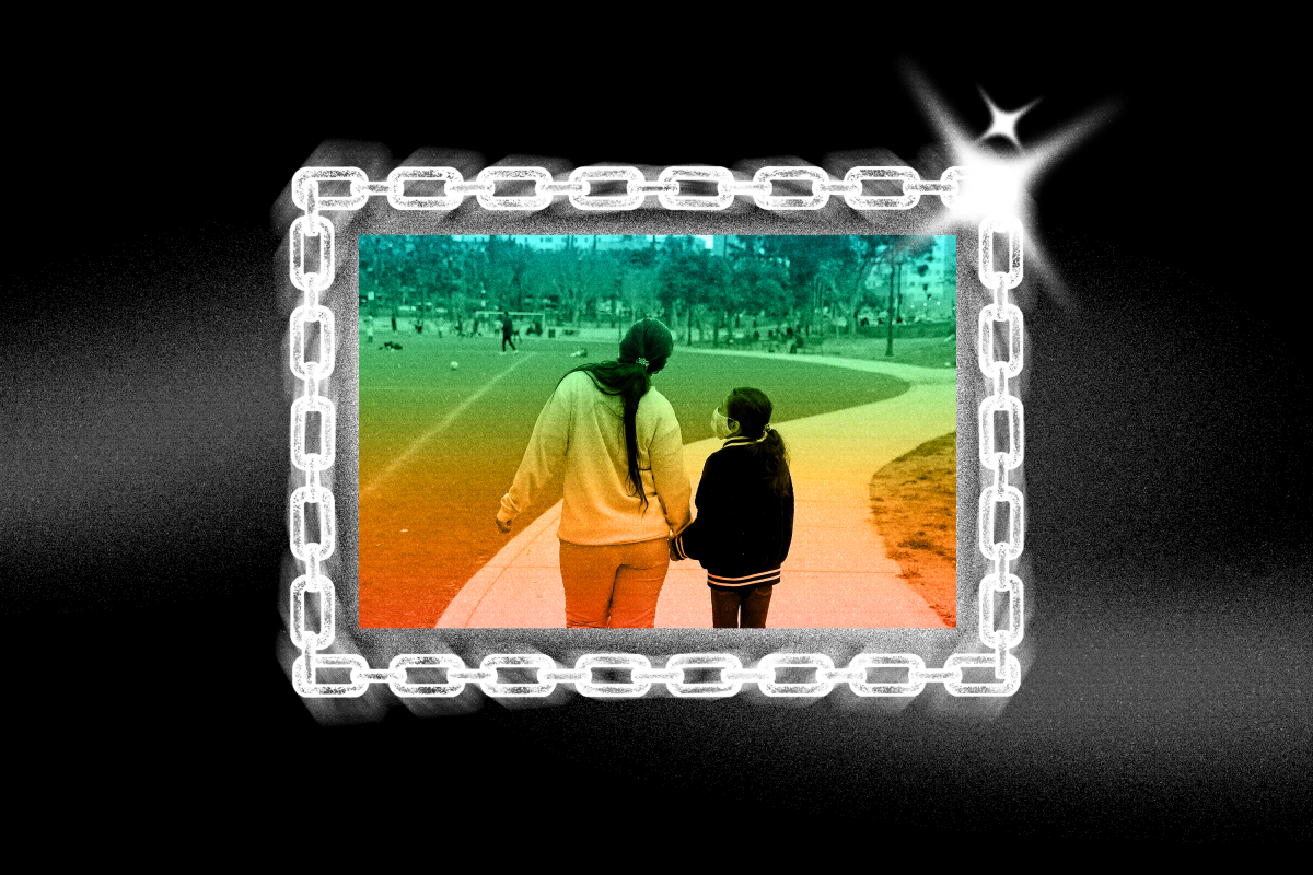 Rainbow illustration of a mother and daughter walking in a park