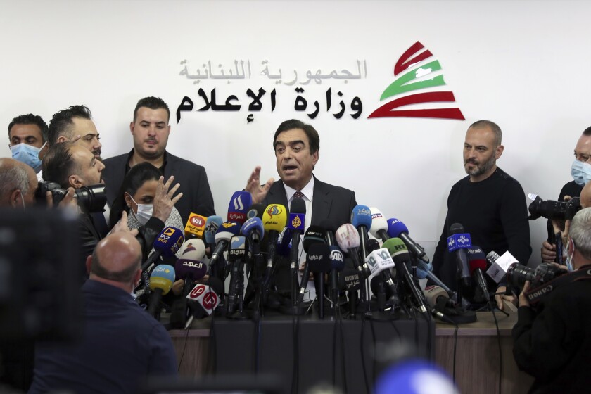 Lebanon's Information Minister George Kordahi speaks during a press conference to announce his resignation at the Ministry of Information in Beirut, Lebanon, Friday, Dec. 3, 2021. Kordahi announce his resignation Friday, in a bid to ease an unprecedented diplomatic crisis with Saudi Arabia and other Gulf countries. (AP Photo/Bilal Hussein)