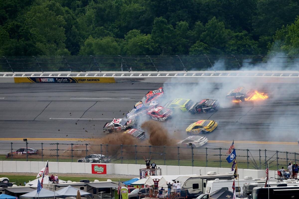 A large crash involving Austin Dillon, driver of the No. 3 car, takes place during the GEICO 500 at Talladega Speedway on May 1.