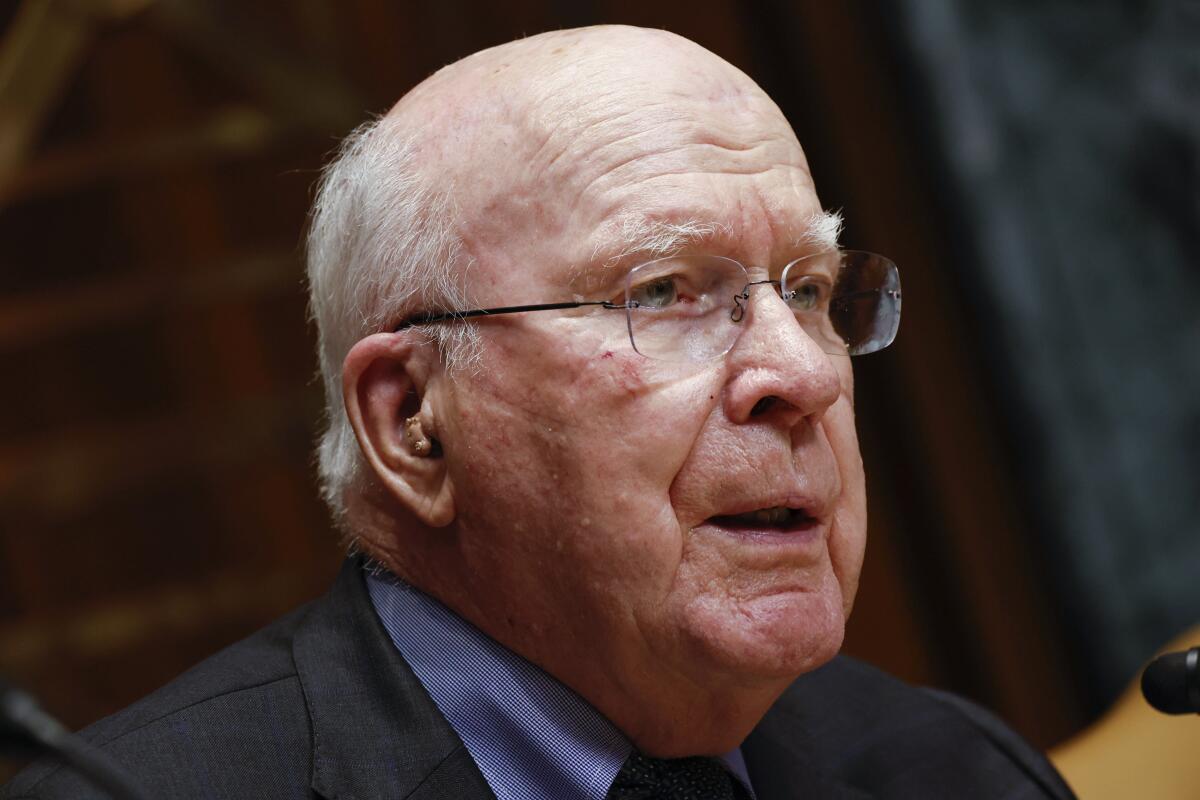 FILE - Sen. Patrick Leahy, D-Vt., speaks during a Senate Appropriations Subcommittee hearing in Washington, May 25, 2022. Leahy was taken to a Washington area hospital Thursday, Oct. 13, 2022, for tests after saying he was not feeling well, his press secretary said. (Ting Shen/Pool Photo via AP, File)