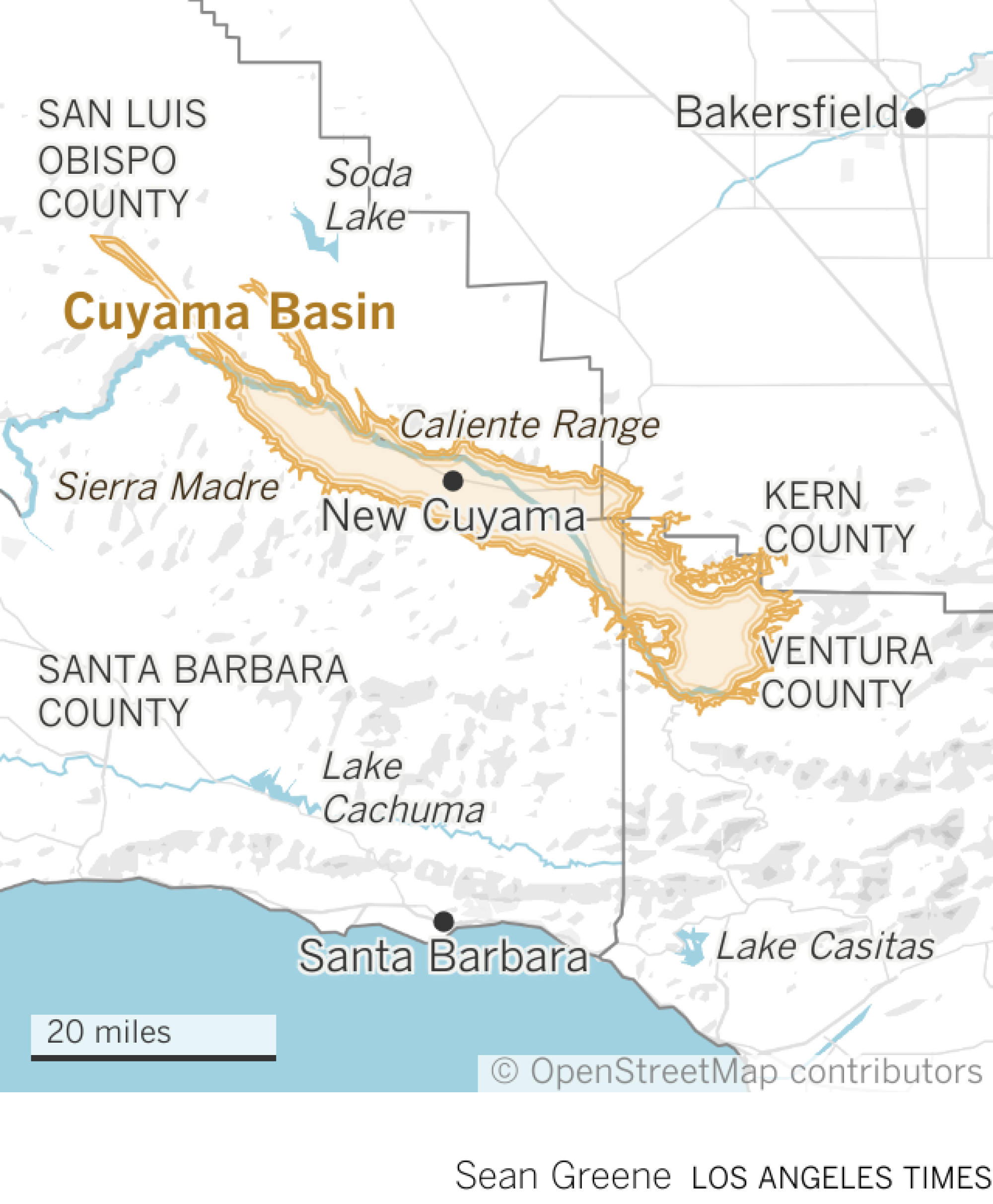 El mapa muestra la huella de la cuenca de agua subterránea de Cuyama en los condados del norte de Santa Bárbara y Ventura.  La cuenca se encuentra entre las montañas de la Sierra Madre y la Cordillera Caliente.