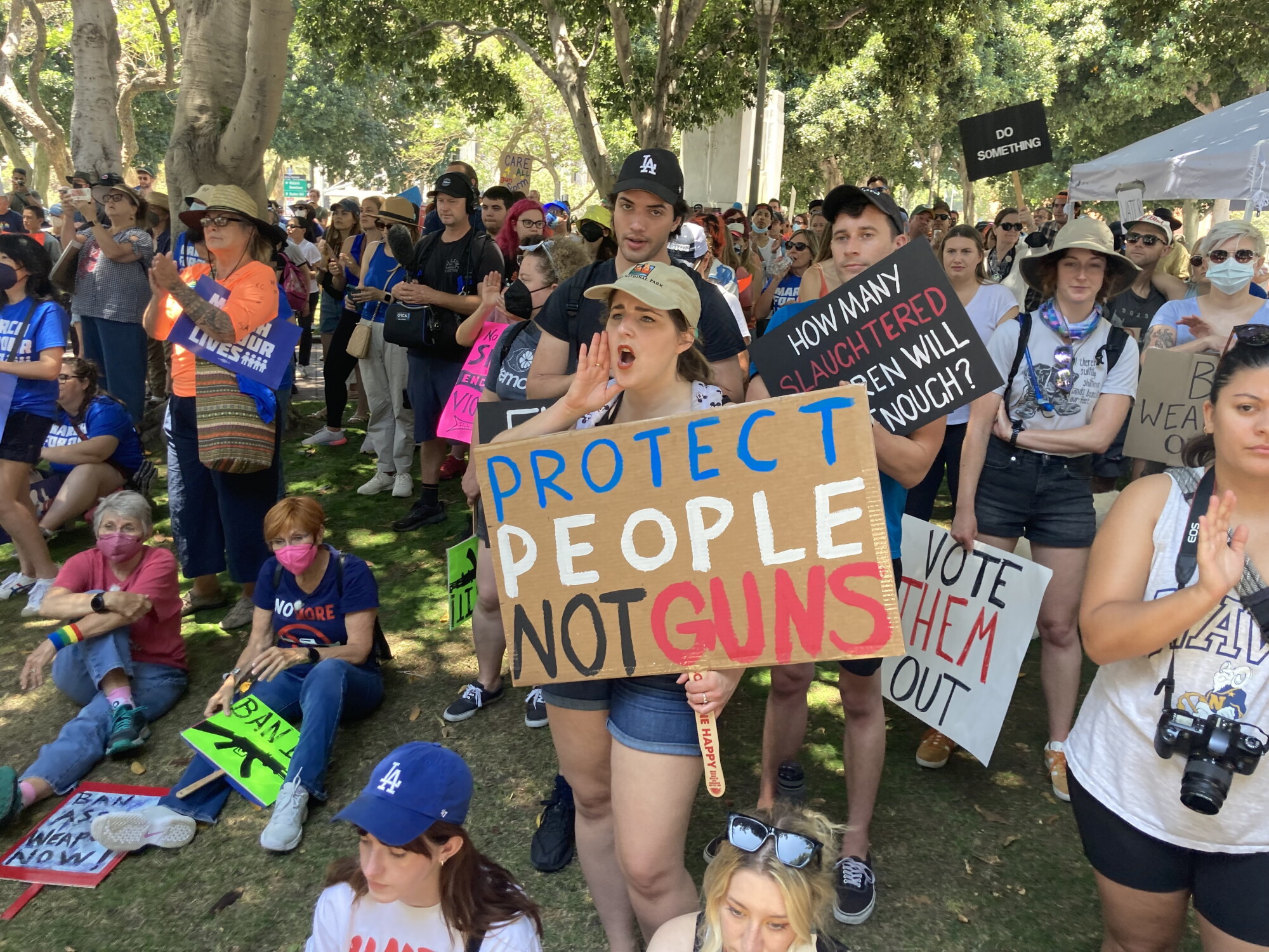 Protesters listen to speakers in downtown L.A.