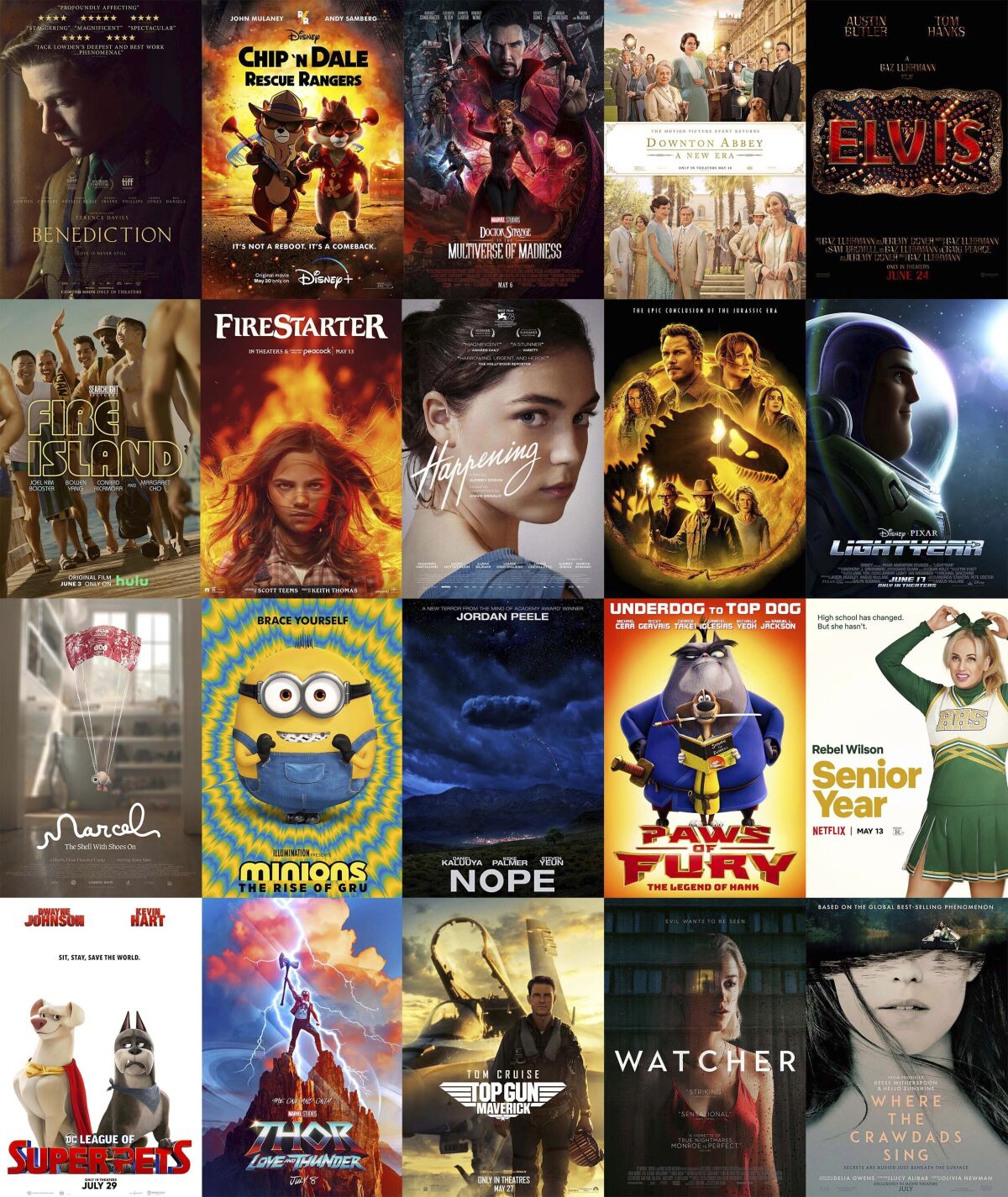 This combination of photos shows poster art for upcoming films, top row from left, "Benediction," "Chip ‘n Dale: Rescue Rangers," "Doctor Strange in the Multitude of Madness," "Downton Abbey: A New Era," "Elvis," second row from left, "Fire Island," "Firestarter," "Happening," "Jurassic World Dominion," "Lightyear," third row from left, "Marcel the Shell with Shoes On," "Minions: The Rise of Gru," "Nope," "Paws of Fury," "Senior Year," bottom row from left, "DC League of Super Pets," "Thor: Love and Thunder," "Top Gun Maverick," "Watcher," and Where the Crawdads Sing." (Roadside Attractions, top row from left, Disney+, Marvel Studios, Focus Features, Warner Bros., second row from left, Hulu/Searchlight Pictures, Universal, IFC Films, Universal, Disney, third row from left, A24, Universal, Warner Bros., Paramount, Netflix, bottom row from left, Warner Bros., Marvel Studios, Paramount, IFC Films and Sony Pictures via AP)