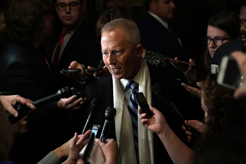 U.S. Rep.-elect Jeff Van Drew (D-NJ) speaks to members of the media outside a closed House Democrats organizational meeting at Longworth House Office Building November 28, 2018 in Washington, DC.