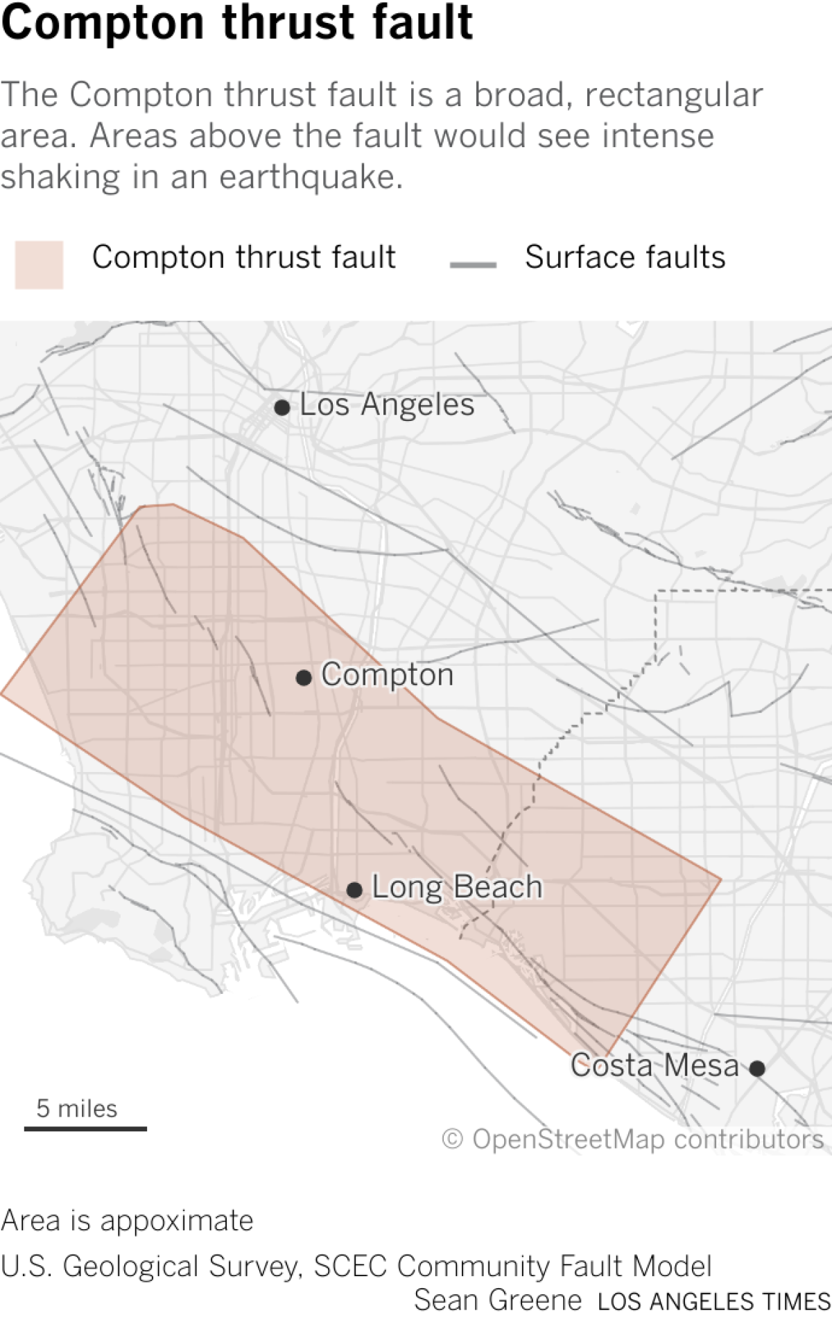 Map shows the appoximate location of the Compton thrust fault, an area covering much of Los Angeles and parts of Orange counties