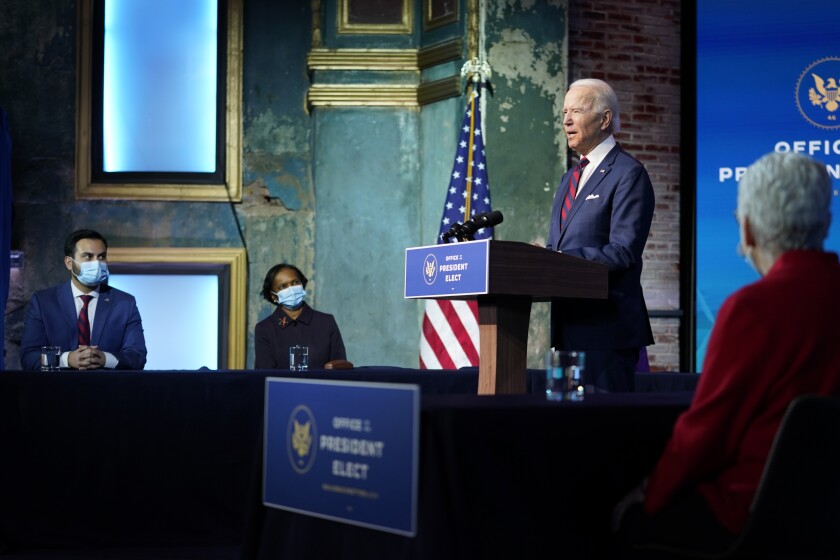FILE - In this Dec. 20, 2020, file photo President-elect Joe Biden announces his climate and energy team nominees and appointees at The Queen Theater in Wilmington Del. (AP Photo/Carolyn Kaster, File)