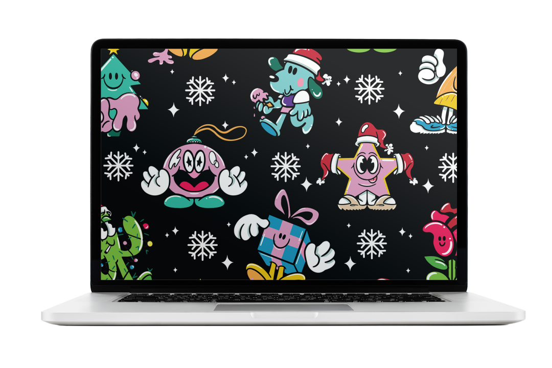 Colorful, cartoony ornaments, stars and presents.