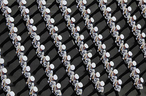 Cadets of the Ukrainian Naval Academy march down Kiev's main street during a military parade on the 18th anniversary of Ukraine's independence.