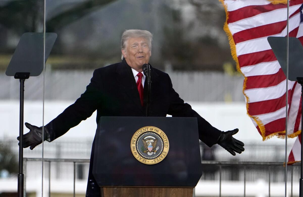 President Trump speaks at a rally in Washington on  Jan. 6 before a mob of his supporters stormed the Capitol.