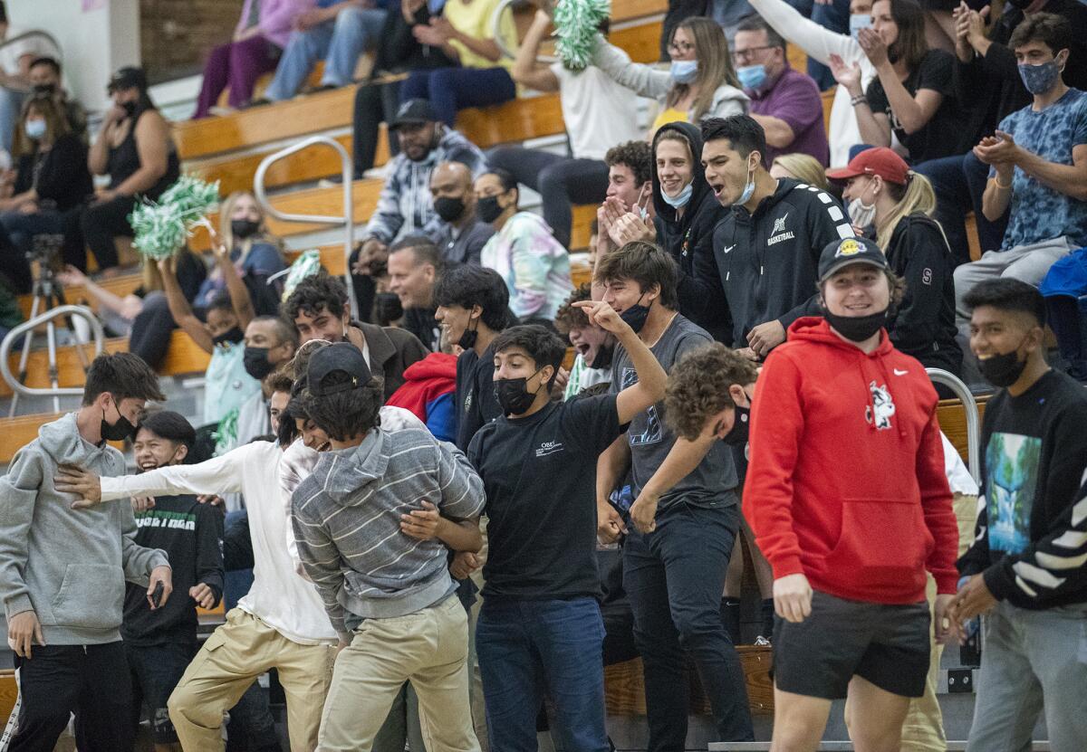 Sage Hill's student section celebrates a basket during a CIF Southern Section Division 3AA quarterfinal game.