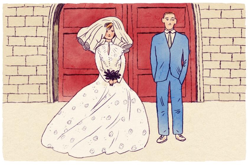 Illustration of a bride and groom standing in front of a red door.
