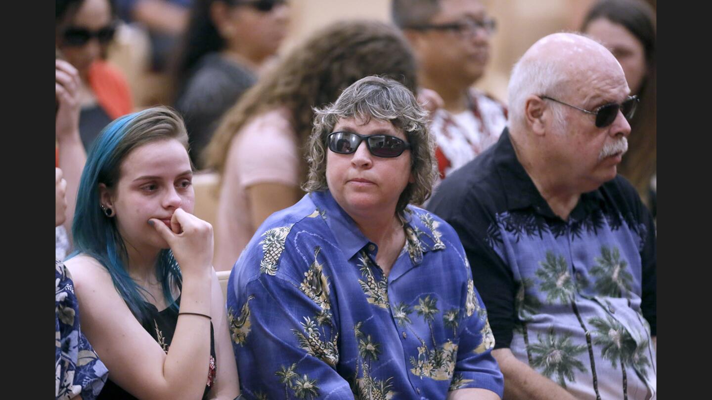 Left to right, sister Erika Nelson, mother Debbie Nelson and father Ray Nelson, at Michael Scott Nelson's memorial service at Montrose Church Pasadena, in Pasadena on Friday, June 16, 2017. Michael S. Nelson, 19, died from injuries suffered in a motorcycle accident in La Crescenta.