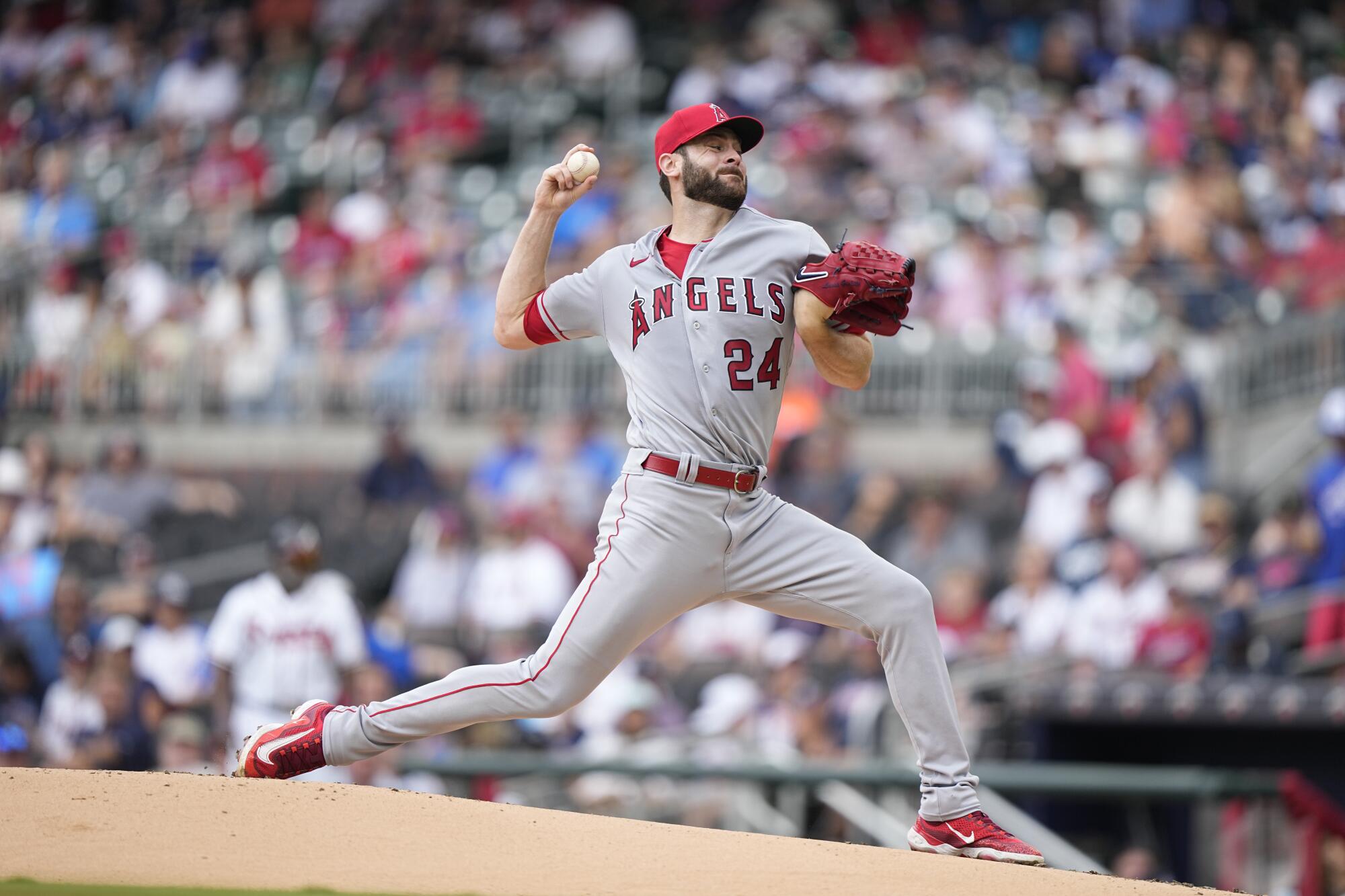 Angels pitcher Lucas Giolito delivers in the first inning against the Atlanta Braves on Aug. 2, 2023, in Atlanta.