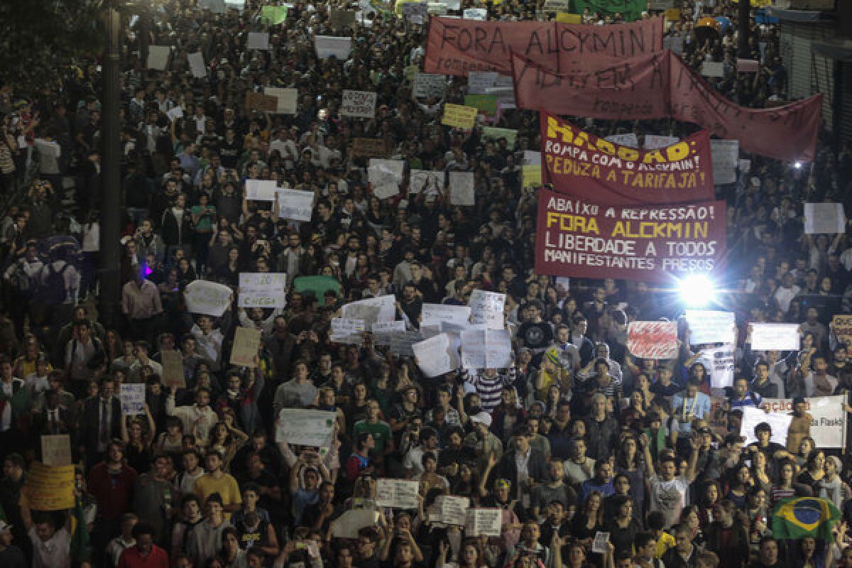 Protesters gather in Sao Paulo, Brazil, as demonstrations continued against rising bus fares and police actions.