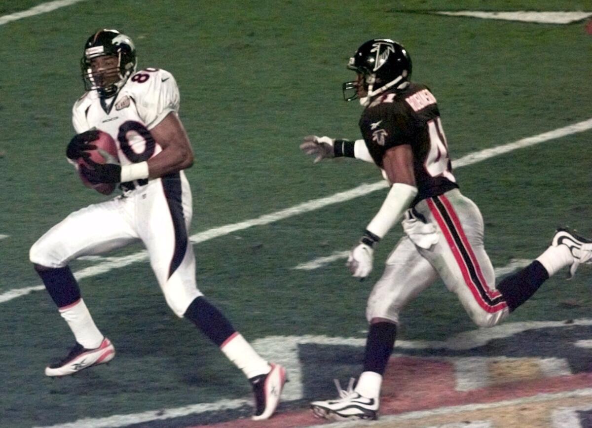 Atlanta safety Eugene Robinson played in Super Bowl XXXIII the day after he was arrested for soliciting a prostitute. He gave up two big plays in the Falcons' loss, including this 80-yard touchdown by Broncos receiver Rod Smith.