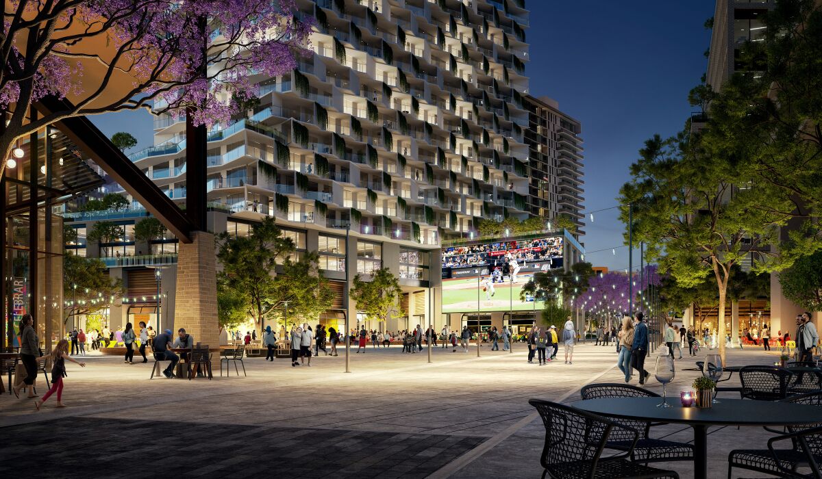 A rendering of an outdoor plaza in the Padres development plan for Tailgate Park. 