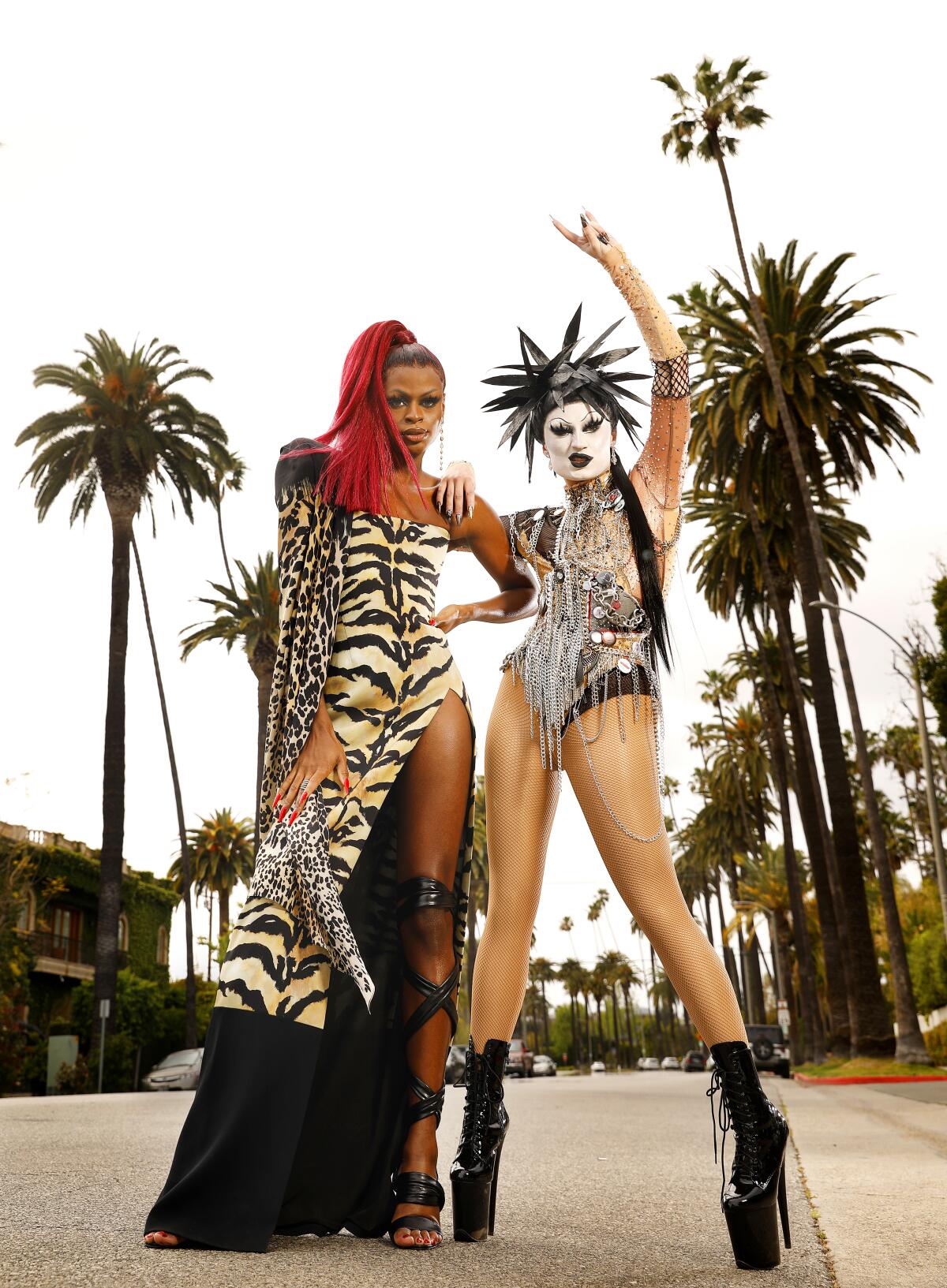 Drag queens Symone, left, and Gottmik of "RuPaul's Drag Race." They were photographed in Beverly Hills on April 13, 2021