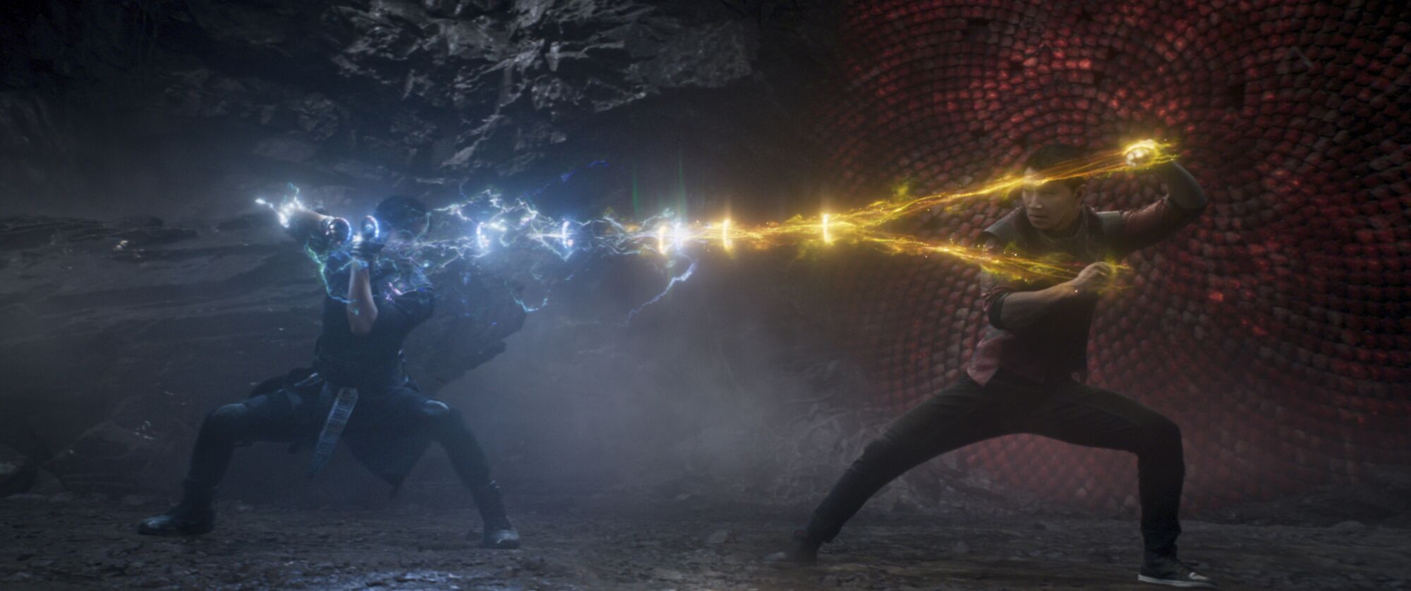 Tony Leung, left, and Simu Liu battle in a scene from “Shang-Chi and the Legend of the Ten Rings”