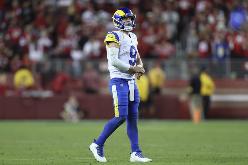 Los Angeles Rams quarterback Matthew Stafford (9) stands on the field during the second half of an NFL football game against the San Francisco 49ers in Santa Clara, Calif., Monday, Oct. 3, 2022. (AP Photo/Jed Jacobsohn)