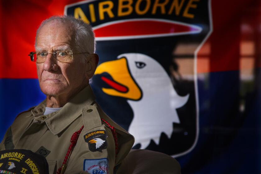 Tom Rice who was an Army paratrooper in the 101st Airborne Division and part of the WWII D-Day invasion by Allied forces of France to liberate German-occupied northwestern Europe from Nazi control known as Operation Overlord, photographed at his home in Coronado, California, May 28, 2019. Now 97, on June 5th he'll parachute over France again. This time he'll do a tandem jump, part of the 75th anniversary commemoration of D-Day.