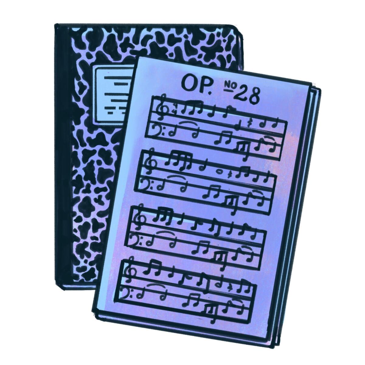 illustration of sheet music on top of a school composition book