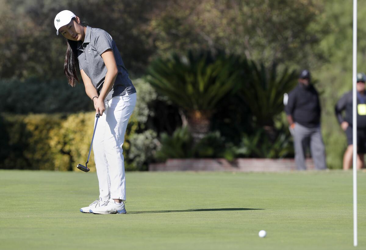 Sage Hill's Jessica Wang putts on the 10th hole in the CIF Southern Section Individual Southern Regional tournament at Los Serranos Country Club in Chino Hills on Tuesday.