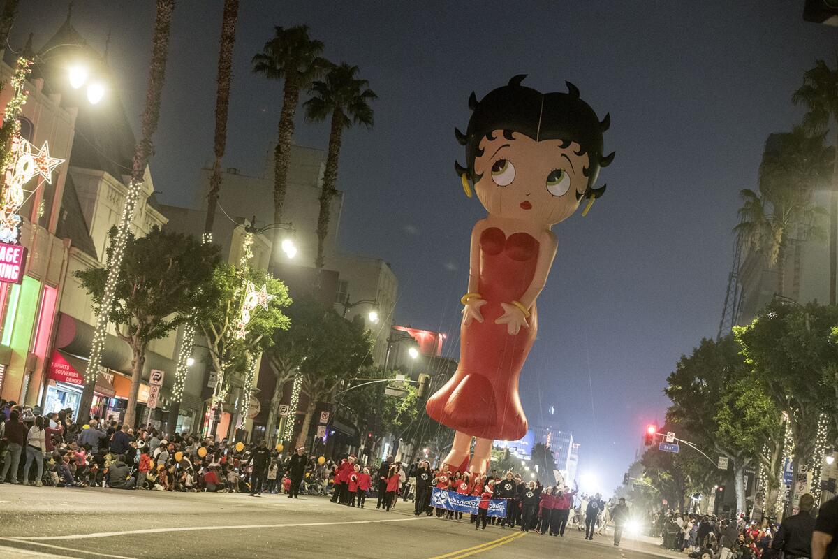 A Betty Boop balloon floats above Hollywood Boulevard for a parade in November 2017. 