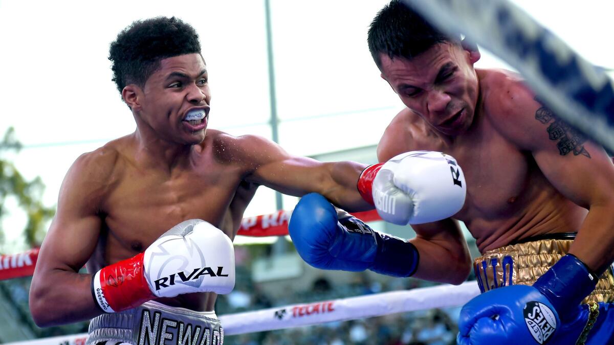 Shakur Stevenson, left, connects against Edgar Brito during a featherweight bout at StubHub Center on Saturday night.