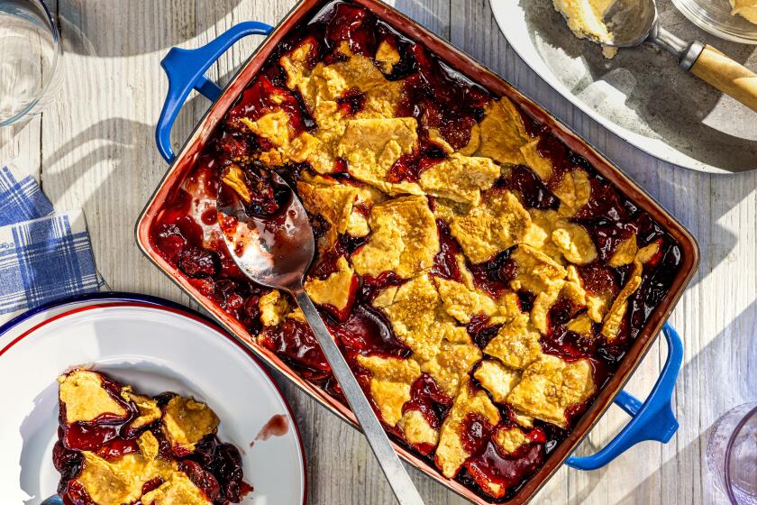 EL SEGUNDO, CALIFORNIA, May 25, 2022: Ben Mims' old-fashioned cherry cobbler photographed on Wednesday, May 25, 2022, at the Los Angeles Times' test-kitchen studios in El Segundo, Cali. (Silvia Razgova / For the Times, Prop Styling / Jennifer Sacks) Assignment ID: 960871