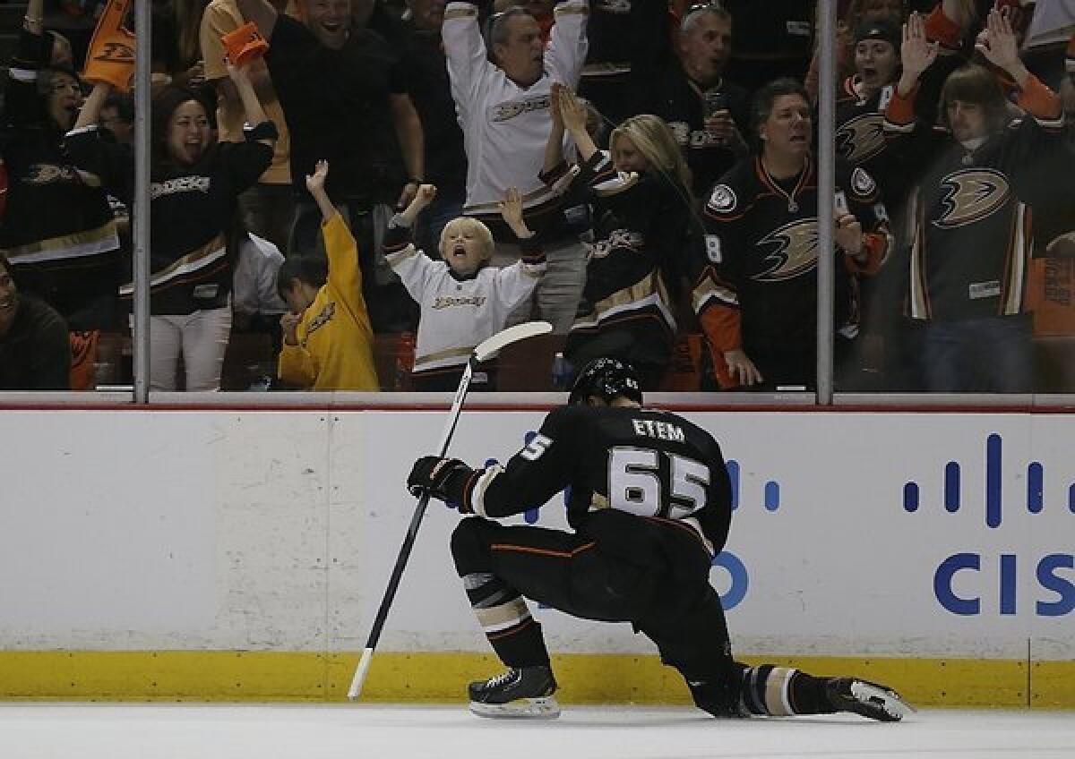 Emerson Etem, shown here during last season's playoffs, is back on the ice for the Ducks.