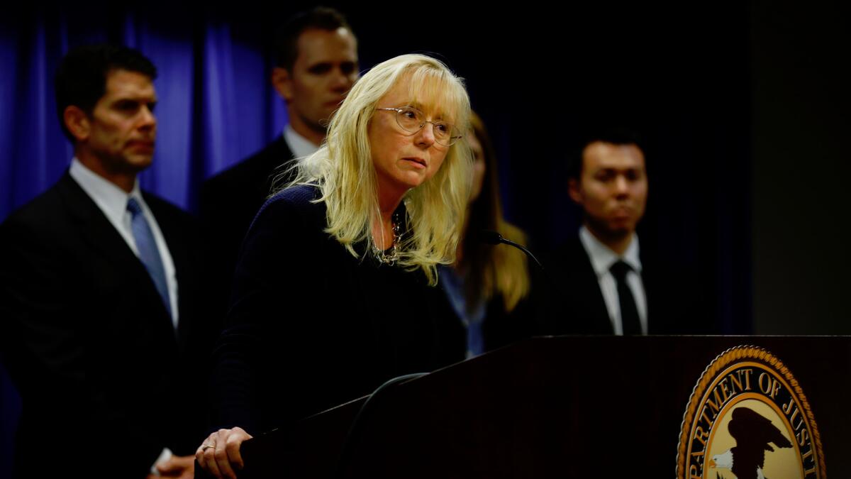 Eileen M. Decker, United States Attorney Central District of California speaks during a press conference at the United States Attorney's Office in the Los Angeles, CA February 10, 2016.