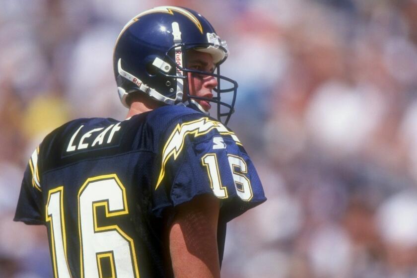 6 Sep 1998: Quarterback Ryan Leaf #16 of the San Diego Chargers looks on during a game against the Buffalo Bills at Qualcomm Stadium in San Diego, California. The Chargers defeated the Bills 16-14.