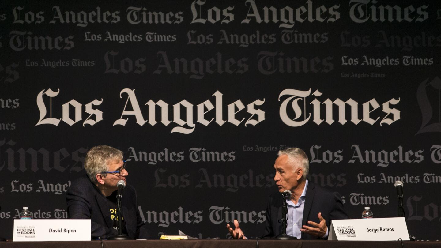 LOS ANGELES, CALIF. - APRIL 21: David Kipen and Jorge Ramos speak during the annual Los Angeles Times Festival of Books on Saturday, April 21, 2018 in Los Angeles, Calif. (Kent Nishimura / Los Angeles Times)