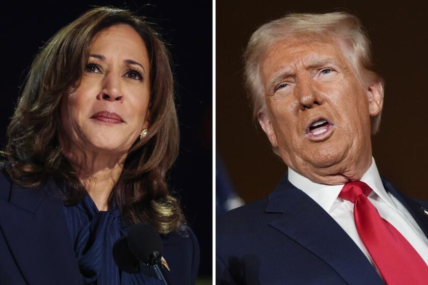 Left; Vice President Kamala Harris delivers a speech as she accepts the party's nomination to be it's presidential candidate at the Democratic National Convention. Right, Republican presidential nominee former President Donald Trump at a campaign event on Aug. 23, 2024, in Las Vegas. (Robert Gauthier; Julia Nikhinson / Los Angeles Times; AP)