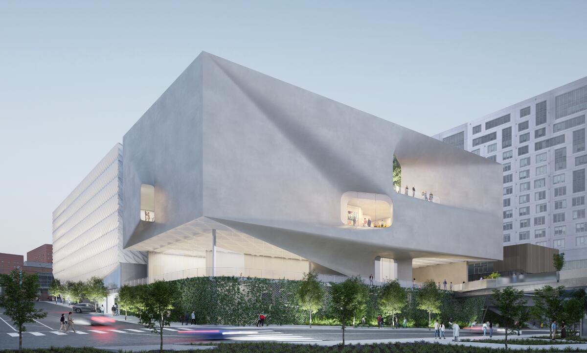 A rendering of the new Broad museum space beside the original honeycomb building.