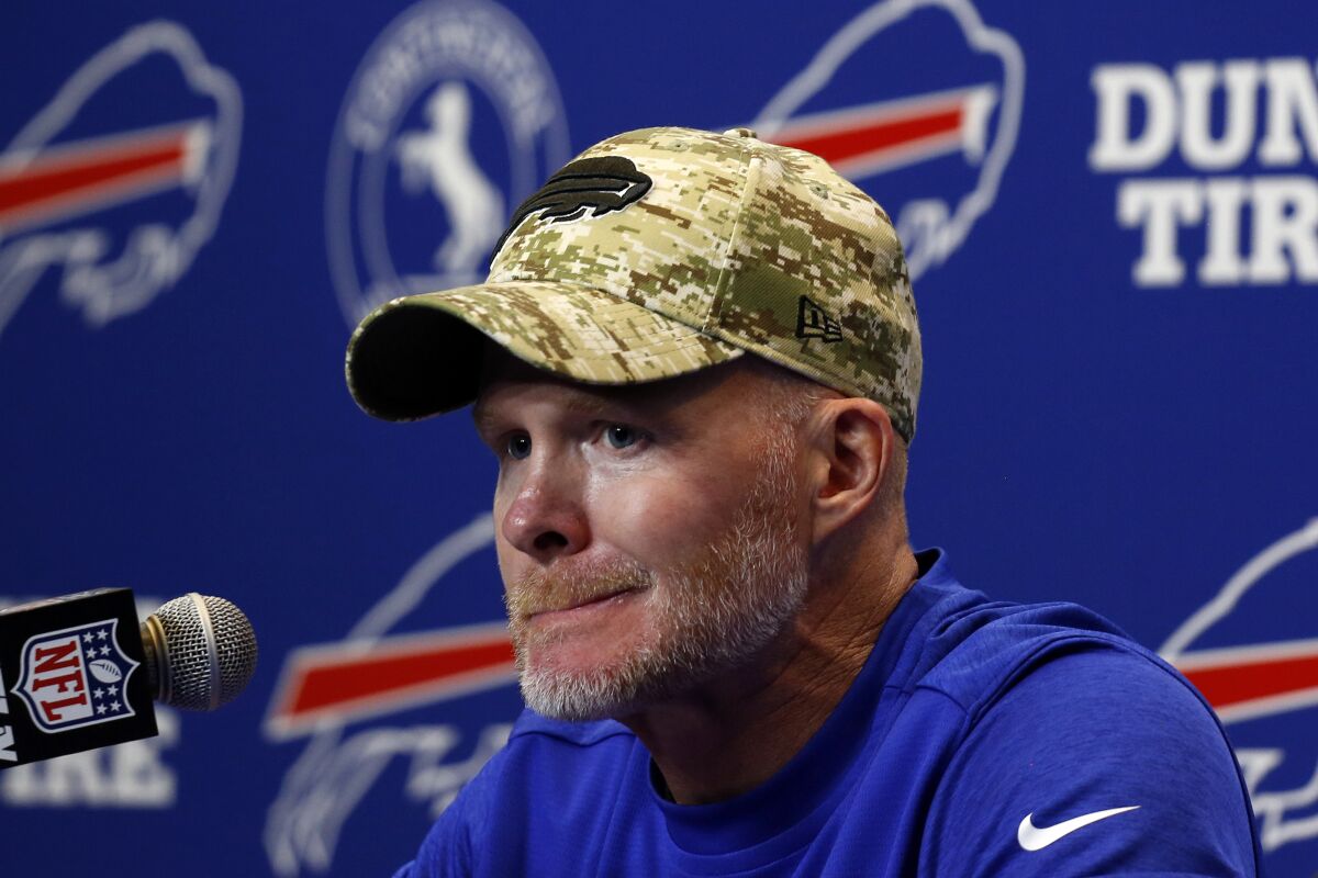 Buffalo Bills head coach Sean McDermott meets with reporters following a 23-16 loss to the Pittsburgh Steelers in an NFL football game in Orchard Park, N.Y., Sunday, Sept. 12, 2021. (AP Photo/Joshua Bessex)